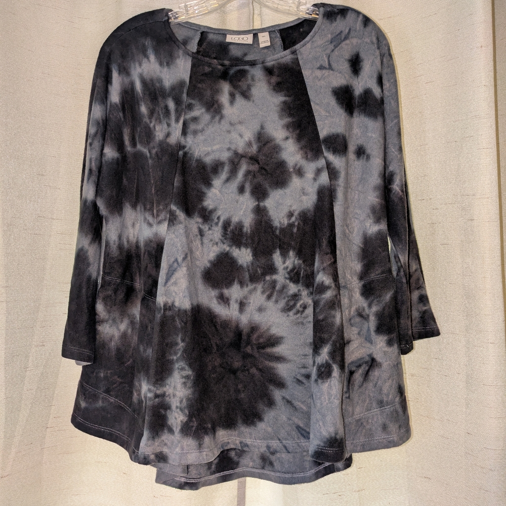 LOGO by Lori Goldstein Black and Gray Tie-Dye Long Sleeve Top